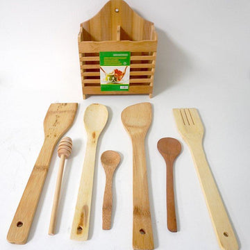 7 Pcs Organic Bamboo Cutlery Set - Wooden Utensil Set